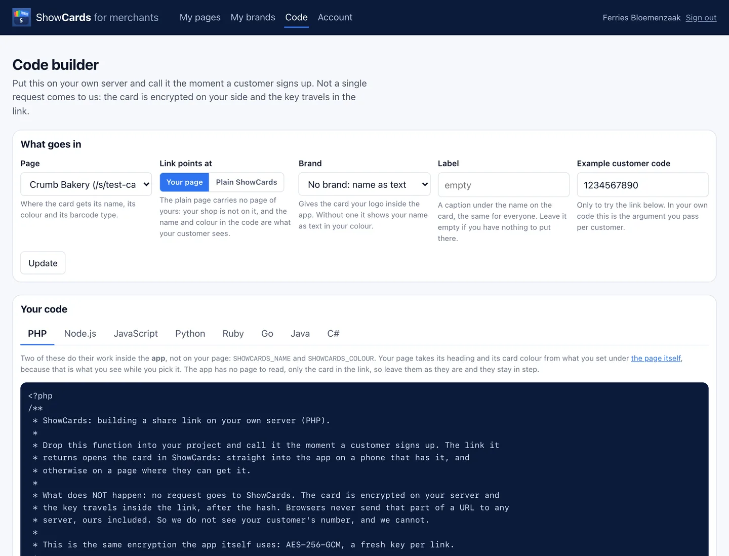 The code builder: pick a page, a brand and a label, and get the snippet with your values in it.
