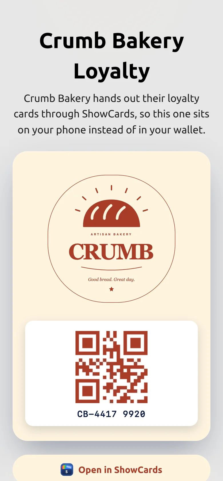 A merchant share page: the shop&rsquo;s logo and colours, the card with a QR code, and a button that opens ShowCards.