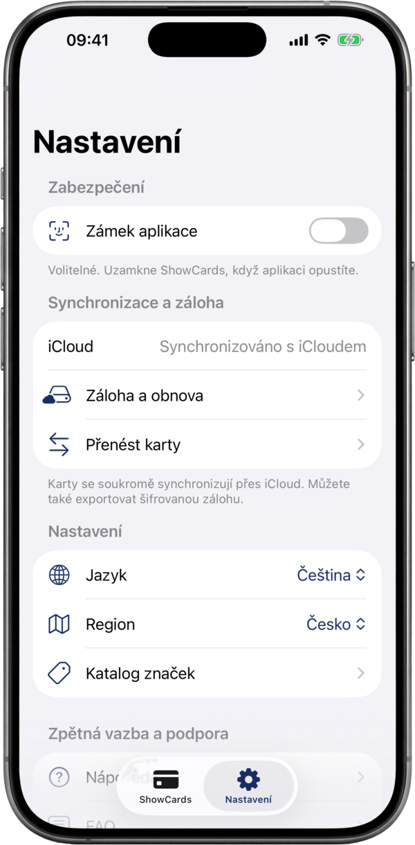 Obrazovka nastavení ShowCards: zámek aplikace, synchronizace v cloudu a zálohy