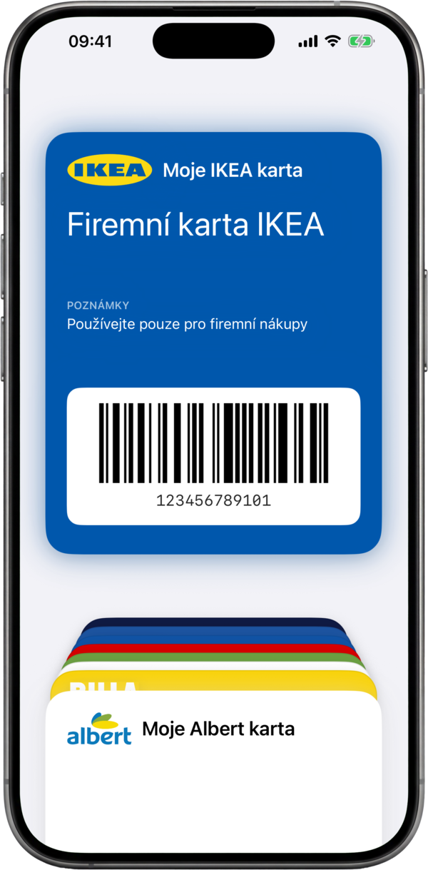 Věrnostní karta přidaná do Apple Wallet jako pass s čárovým kódem