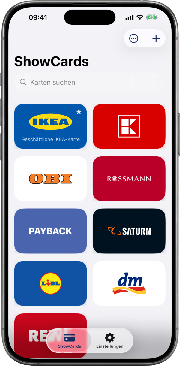 Das ShowCards-Wallet, ein Raster aus Kundenkarten in Markenfarben