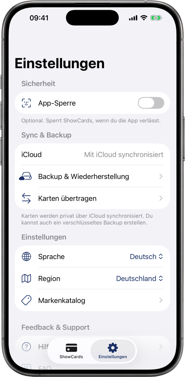 Der ShowCards-Einstellungsbildschirm: App-Sperre, Cloud-Sync und Backups