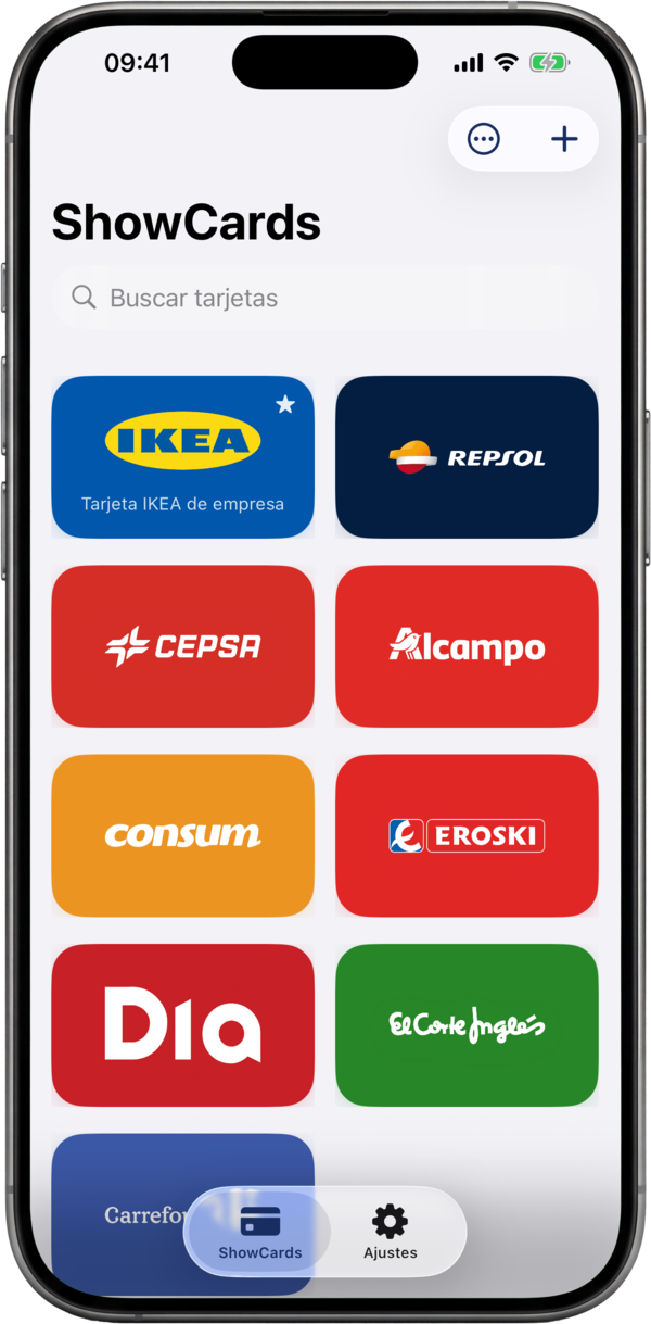 La cartera de ShowCards, una cuadrícula de tarjetas de fidelización con los colores de cada marca