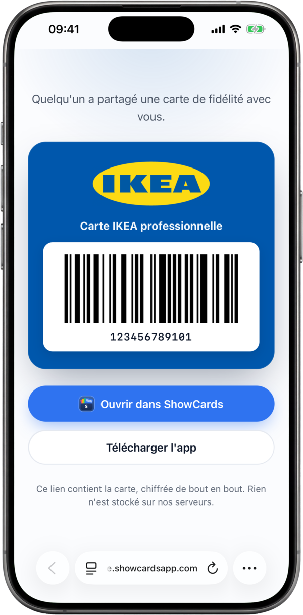 Partager une carte de fidélité depuis ShowCards via un lien privé