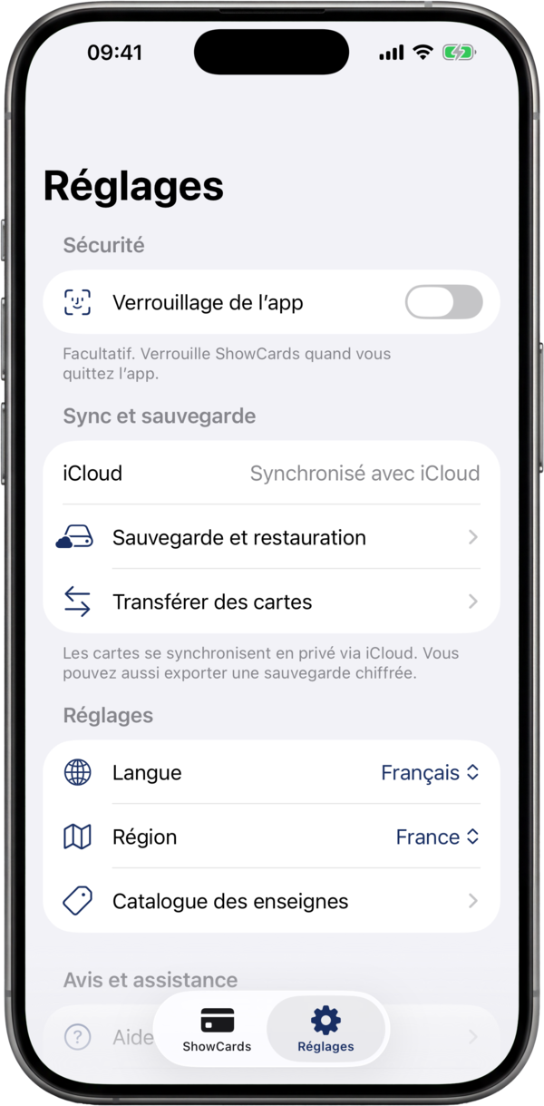 L'écran des réglages de ShowCards : verrouillage de l'application, synchronisation cloud et sauvegardes