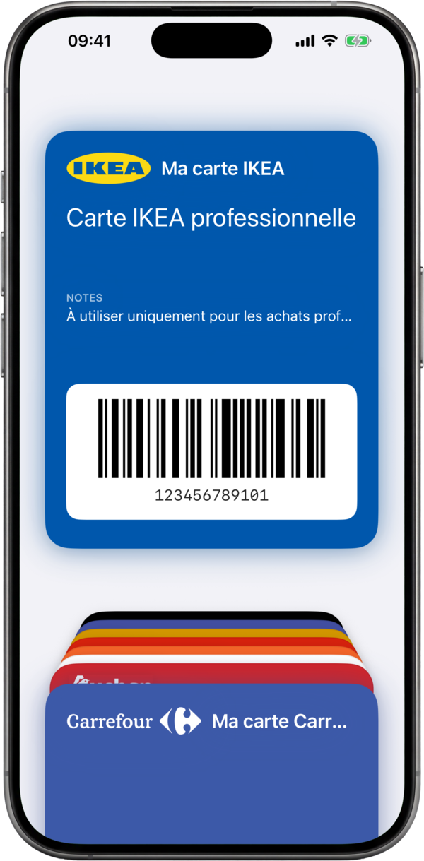 Une carte de fidélité ajoutée à Apple Wallet sous forme de carte avec son code-barres