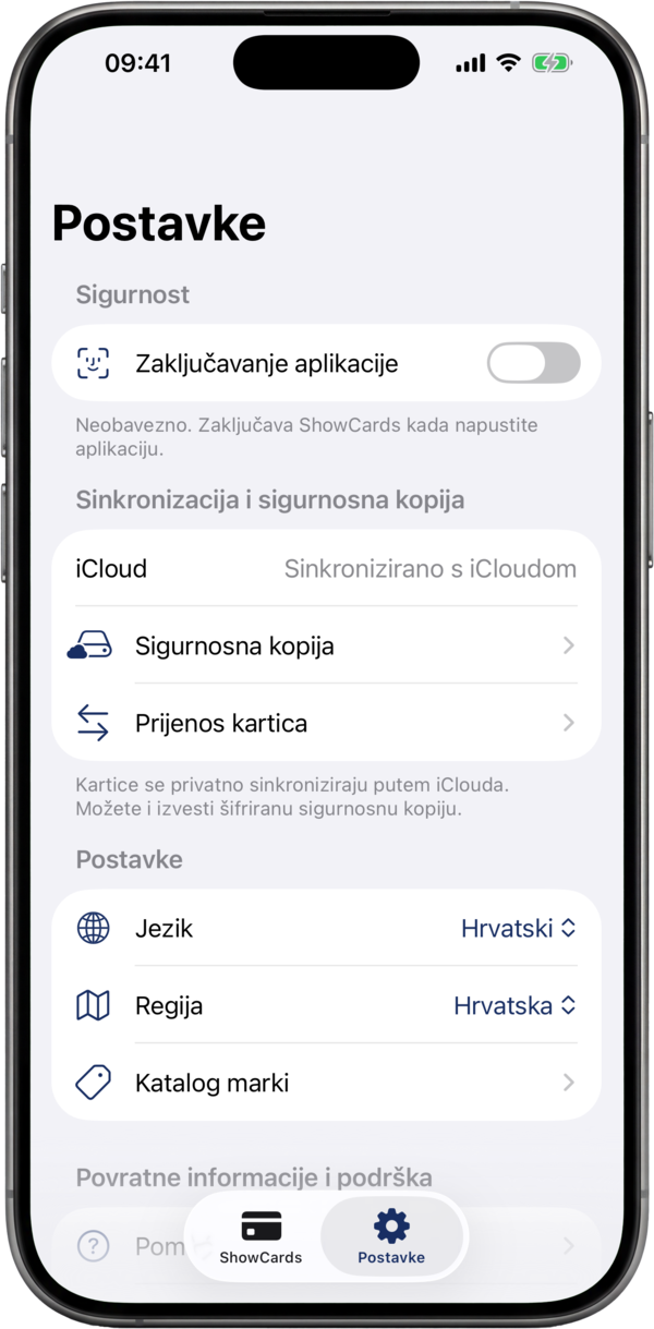 Zaslon postavki ShowCardsa: zaključavanje aplikacije, sinkronizacija u oblaku i sigurnosne kopije