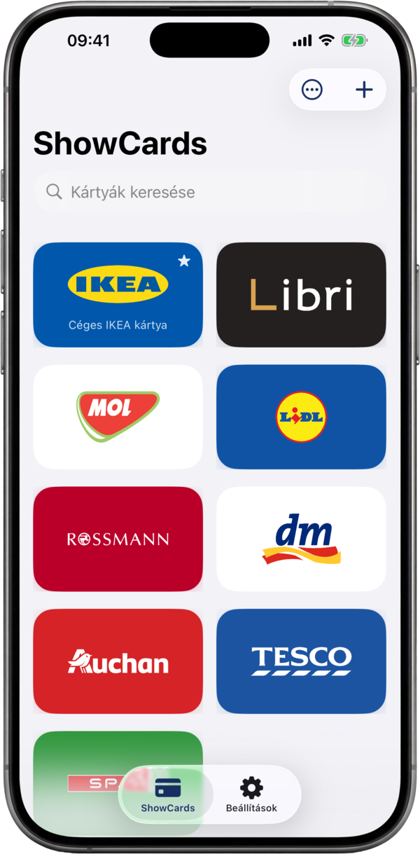 A ShowCards tárca, márkaszínű hűségkártyák rácsa