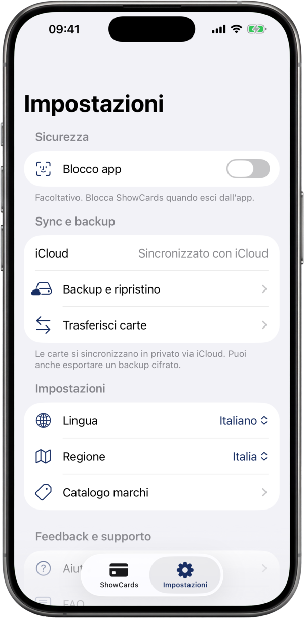 La schermata delle impostazioni di ShowCards: blocco app, sincronizzazione cloud e backup