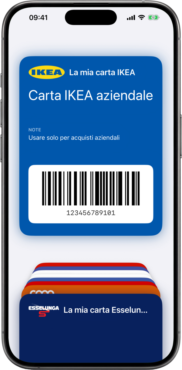Una carta fedeltà aggiunta ad Apple Wallet come pass con il suo codice a barre
