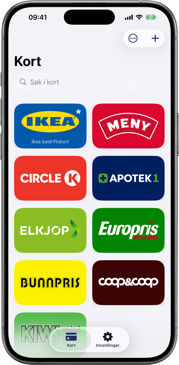 ShowCards-lommeboken, et rutenett av kundekort i merkefarger