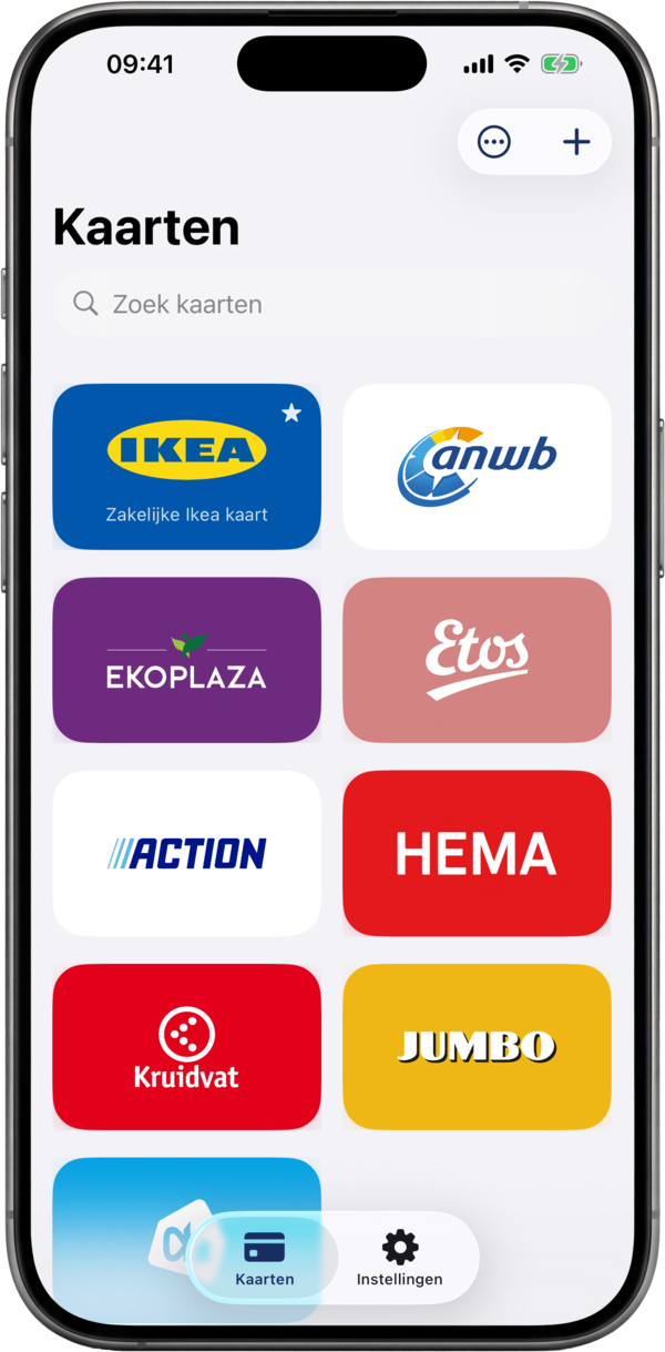 De ShowCards-wallet, een raster van klantenkaarten in merkkleuren