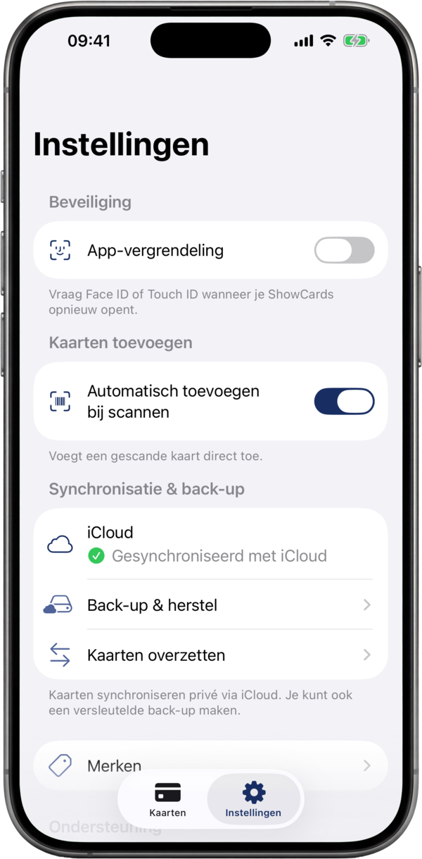 Het instellingenscherm van ShowCards: app-vergrendeling, cloudsynchronisatie en back-ups