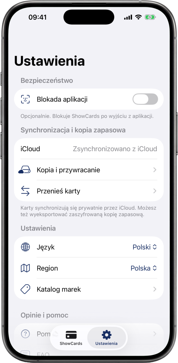 Ekran ustawień ShowCards: blokada aplikacji, synchronizacja w chmurze i kopie zapasowe
