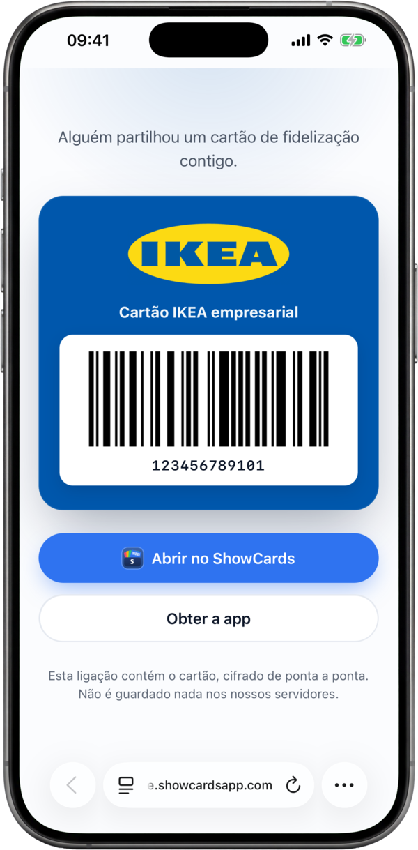 Partilhar um cartão de fidelização a partir do ShowCards por uma ligação privada