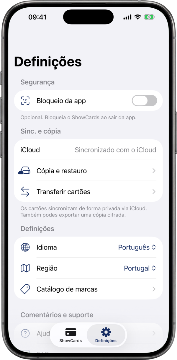 O ecrã de definições do ShowCards: bloqueio da app, sincronização na nuvem e cópias de segurança