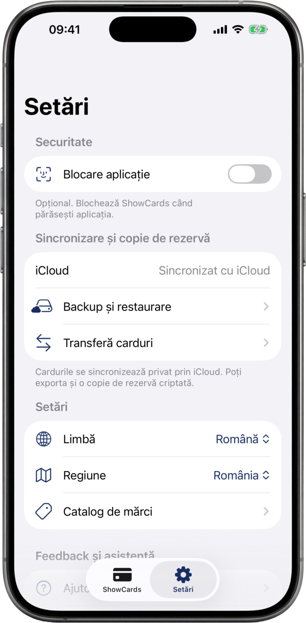 Ecranul de setări ShowCards: blocarea aplicației, sincronizarea în cloud și copiile de rezervă