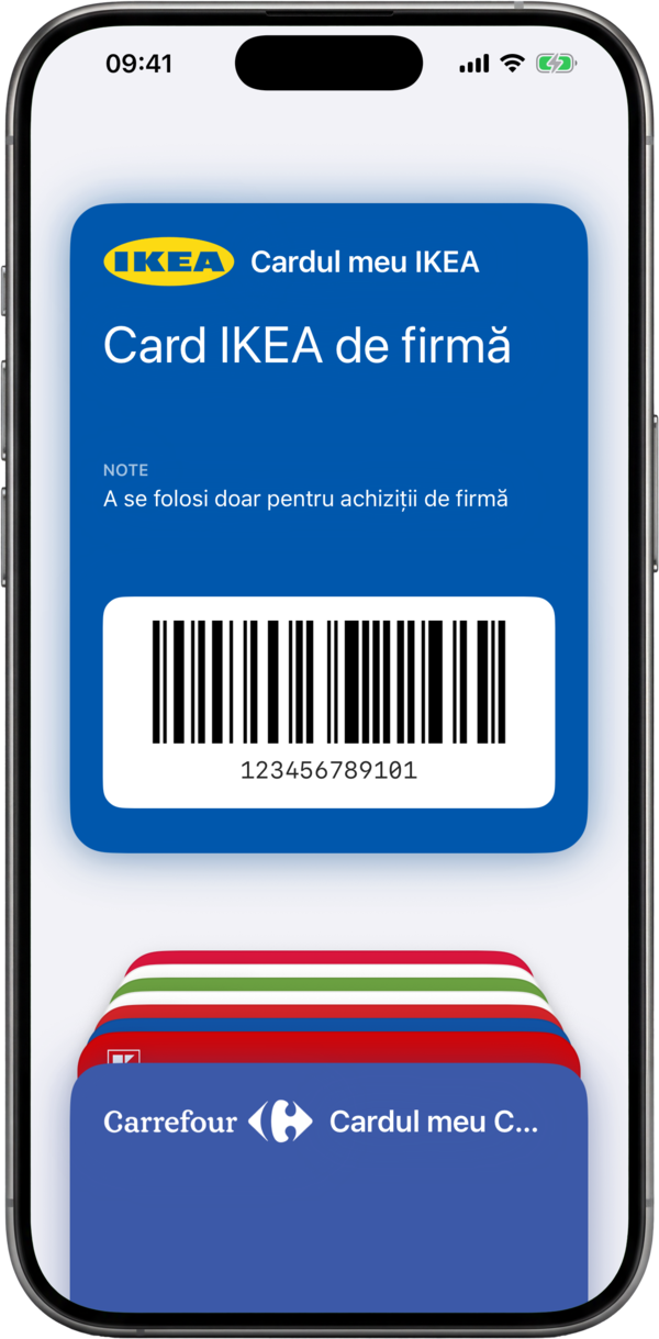 Un card de fidelitate adăugat în Apple Wallet ca pass cu codul său de bare