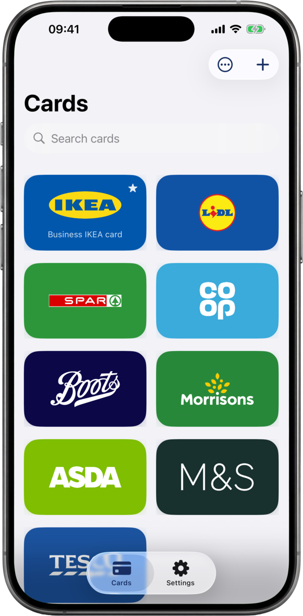 The ShowCards wallet, a grid of brand-coloured loyalty cards