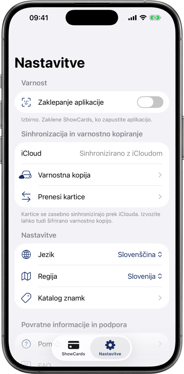 Zaslon nastavitev ShowCards: zaklep aplikacije, sinhronizacija v oblaku in varnostne kopije