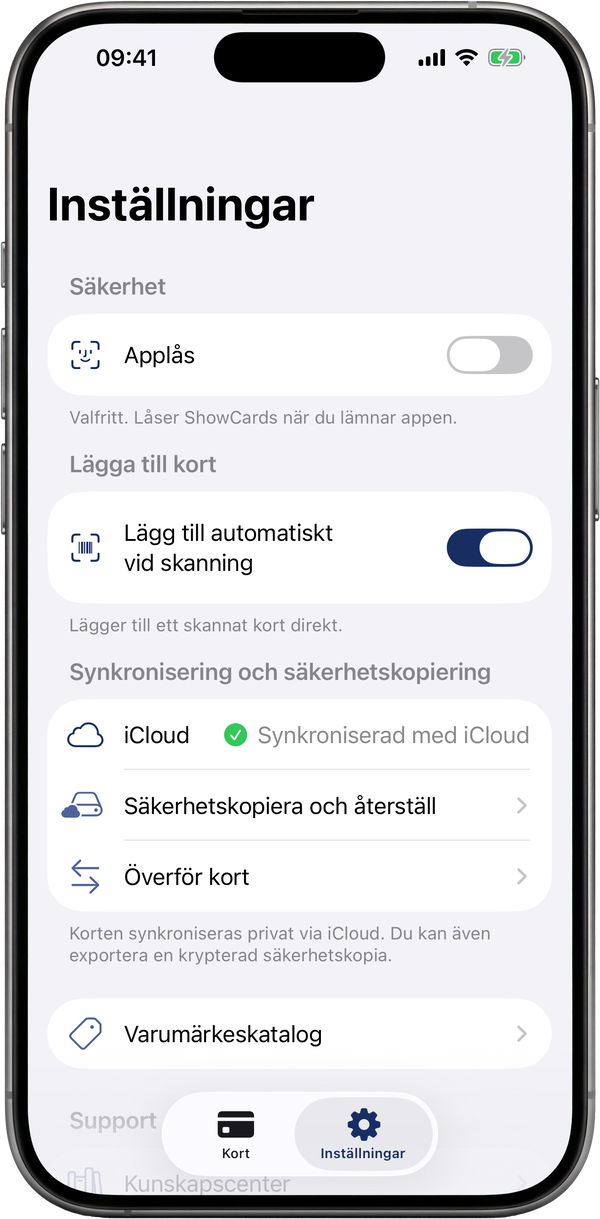 Inställningsskärmen i ShowCards: applås, molnsynk och säkerhetskopior